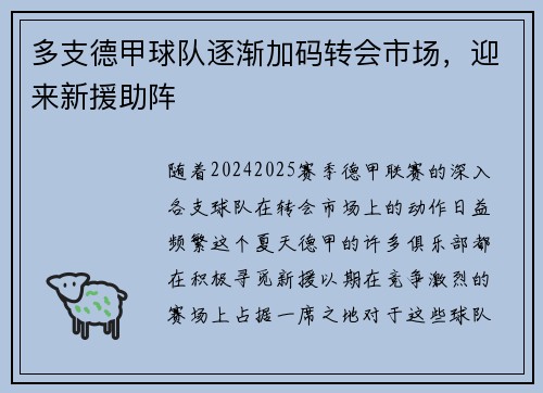 多支德甲球队逐渐加码转会市场，迎来新援助阵